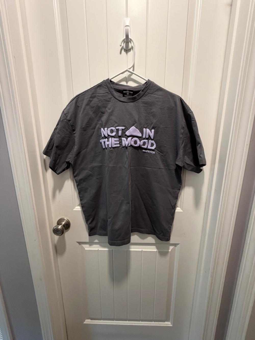 White Fox Boutique "Not In The Mood" Gray Tee with Lavender Text